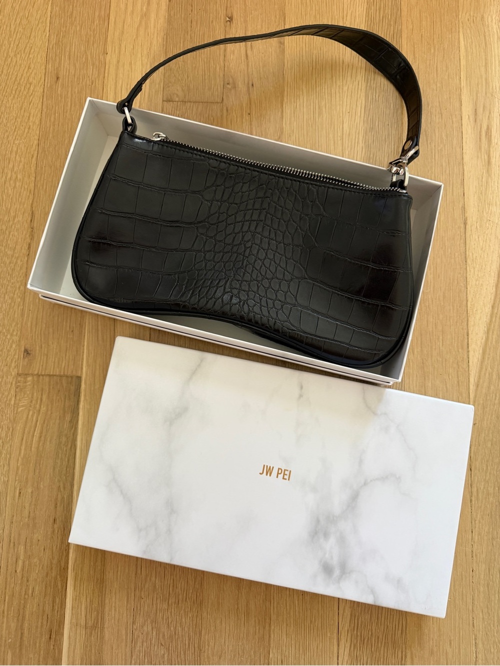 JW PEI Black Croc Shoulder Bag with Top Zip